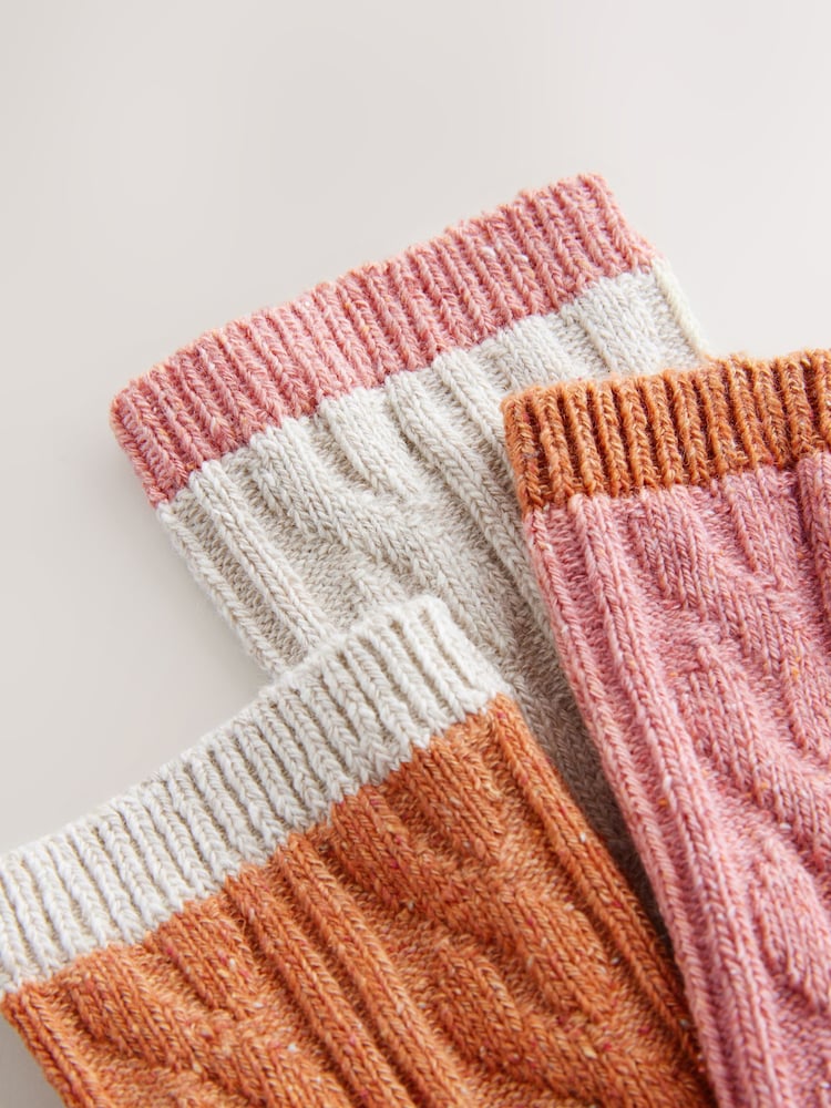 Pink/Oatmeal/Rust Cable Thermal Wool Blend Ankle Socks 3 Pack With Silk - Image 6 of 6