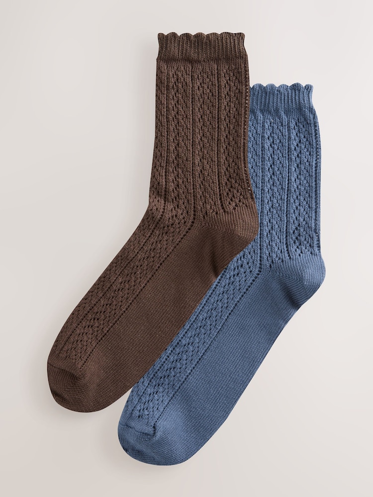 Chocolate Brown/Blue - Crochet Style Ankle Socks 2 Pack - Imagen 1 de 5