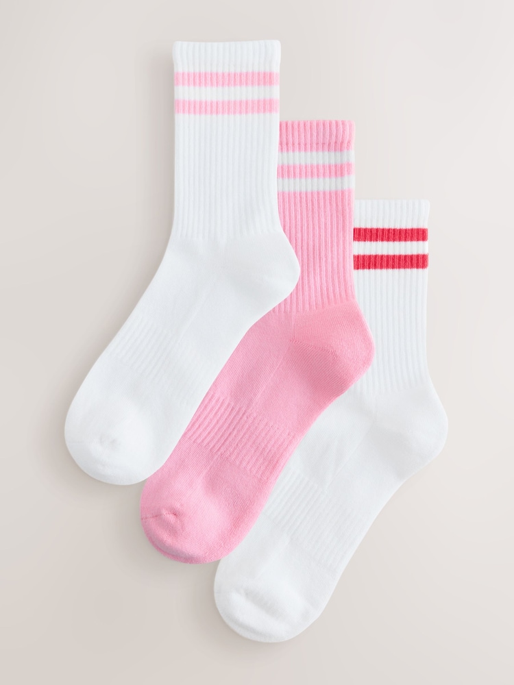White/Pink Cushion Sole Ribbed Sport Ankle Socks 3 Pack With Arch Support - Image 1 of 1