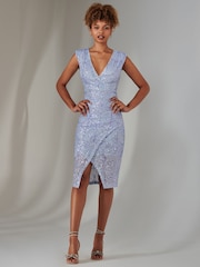 Jolie Moi Blue Demi Sequin Wrap Slit Bodycon Dress - Image 3 of 6