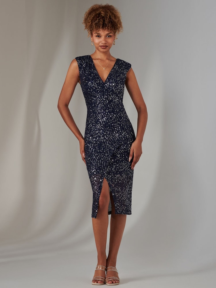 Jolie Moi Light Blue Deja Sequin Midi Dress With Slit - Image 1 of 6