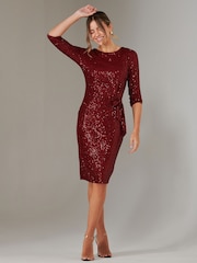 Jolie Moi Red 3/4 Sleeve Sequin Stretch Shift Dress - Image 3 of 6