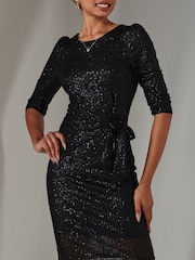 Negro - Vestido recto y elástico con mangas a 3/4 de lentejuelas de Jolie Moi - Imagen 3 de 7