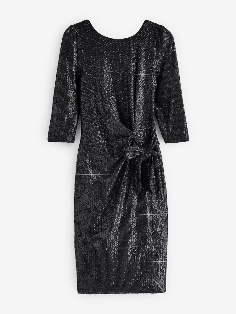 Negro - Vestido recto y elástico con mangas a 3/4 de lentejuelas de Jolie Moi - Imagen 7 de 7