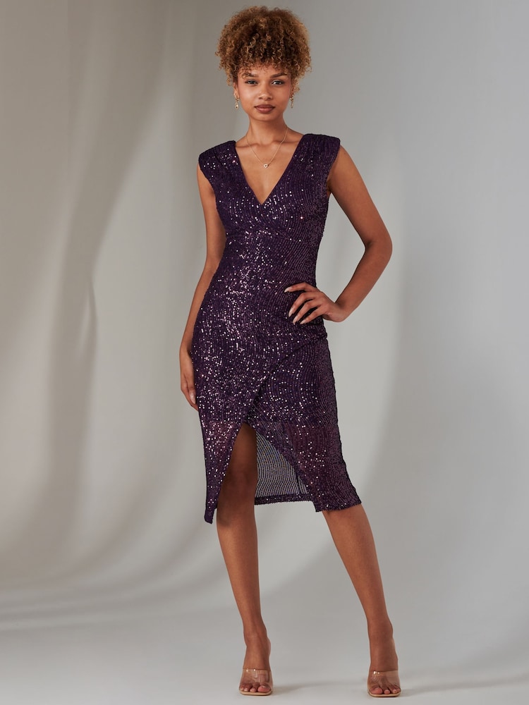 Jolie Moi Purple Deja Sequin Midi Dress With Slit - Image 1 of 6