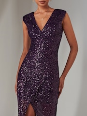 Jolie Moi Purple Deja Sequin Midi Dress With Slit - Image 3 of 6
