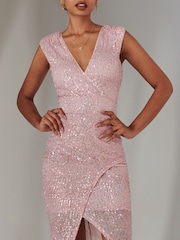 Jolie Moi Pink Deja Sequin Midi Dress With Slit - Image 3 of 6