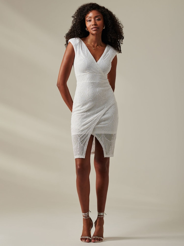 Jolie Moi White Demi Sequin Wrap Slit Bodycon Dress - Image 1 of 6