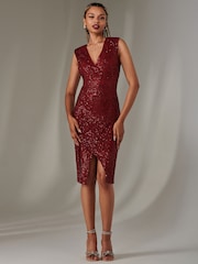 Jolie Moi Red Demi Sequin Wrap Slit Bodycon Dress - Image 1 of 6