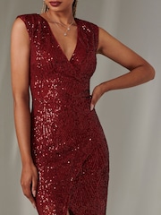 Jolie Moi Red Demi Sequin Wrap Slit Bodycon Dress - Image 3 of 6