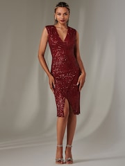 Jolie Moi Red Demi Sequin Wrap Slit Bodycon Dress - Image 5 of 6