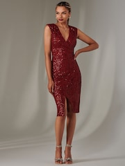 Jolie Moi Red Demi Sequin Wrap Slit Bodycon Dress - Image 6 of 6