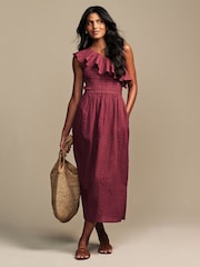 Laura Ashley Burgundy Red 100% Cotton Seersucker One Shoulder Dress - Image 1 of 7
