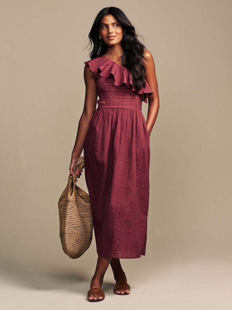 Laura Ashley Burgundy Red 100% Cotton Seersucker One Shoulder Dress - Image 1 of 7