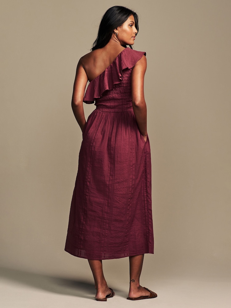 Laura Ashley Burgundy Red 100% Cotton Seersucker One Shoulder Dress - Image 2 of 7