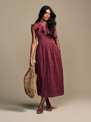 Laura Ashley Burgundy Red 100% Cotton Seersucker One Shoulder Dress - Image 3 of 7