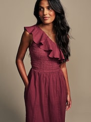 Laura Ashley Burgundy Red 100% Cotton Seersucker One Shoulder Dress - Image 4 of 7