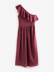 Laura Ashley Burgundy Red 100% Cotton Seersucker One Shoulder Dress - Image 5 of 7