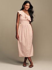 Laura Ashley Peach Pink Langford Leaves 100% Cotton Seersucker One Shoulder Dress - Image 1 of 7