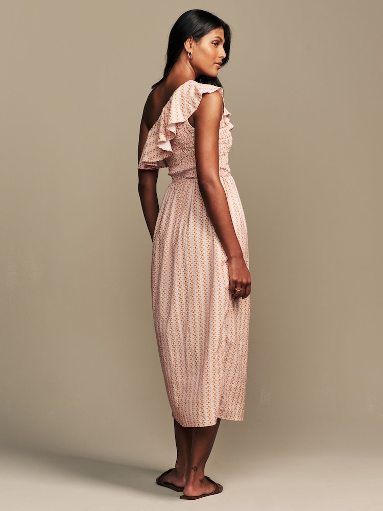 Laura Ashley Peach Pink Langford Leaves 100% Cotton Seersucker One Shoulder Dress - Image 2 of 7