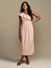 Laura Ashley Peach Pink Langford Leaves 100% Cotton Seersucker One Shoulder Dress - Image 3 of 7