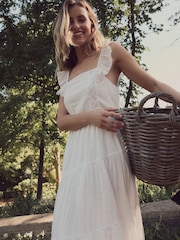 Laura Ashley White Textured Lace Midaxi 100% Cotton Dress - Image 12 of 16