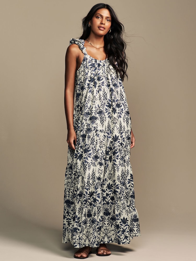 Laura Ashley Cream/Navy Floral Print Bubble Strap Maxi Dress - Image 1 of 13