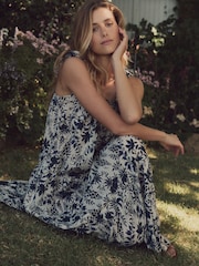 Laura Ashley Cream/Navy Floral Print Bubble Strap Maxi Dress - Image 11 of 13