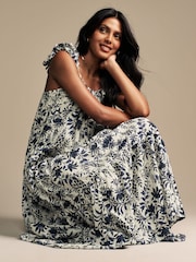 Laura Ashley Cream/Navy Floral Print Bubble Strap Maxi Dress - Image 2 of 13