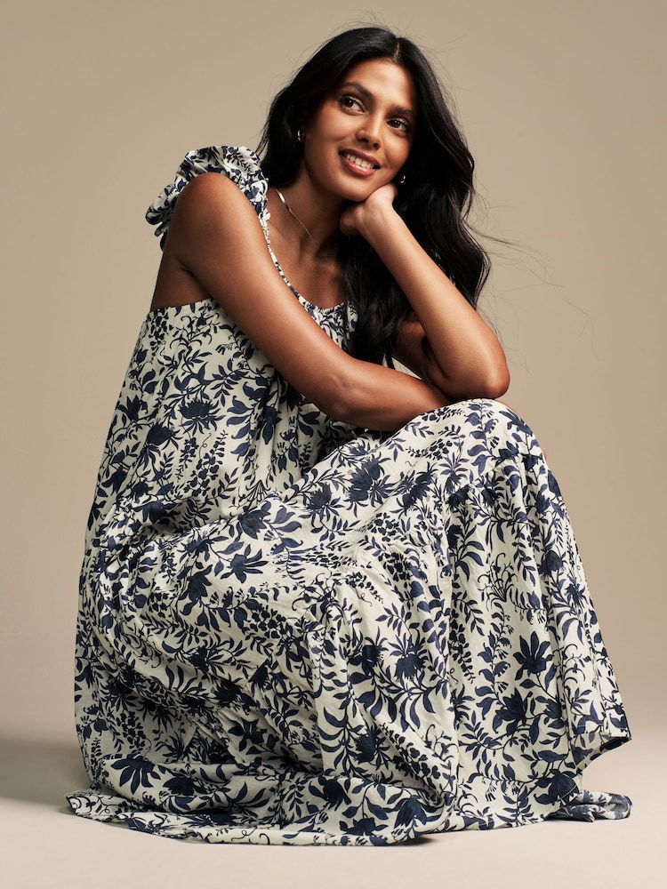 Laura Ashley Cream/Navy Floral Print Bubble Strap Maxi Dress - Image 2 of 13