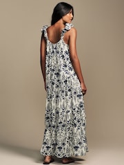 Laura Ashley Cream/Navy Floral Print Bubble Strap Maxi Dress - Image 3 of 13
