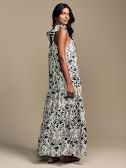 Laura Ashley Cream/Navy Floral Print Bubble Strap Maxi Dress - Image 4 of 13
