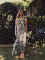 Laura Ashley Cream/Navy Floral Print Bubble Strap Maxi Dress - Image 6 of 13