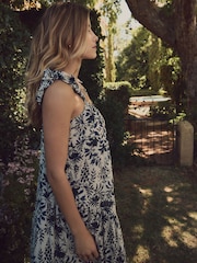 Laura Ashley Cream/Navy Floral Print Bubble Strap Maxi Dress - Image 9 of 13