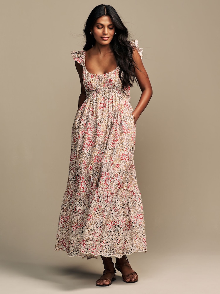 Laura Ashley Multi Clarissa Ditsy Floral Print Broderie Midaxi Dress - Image 1 of 8