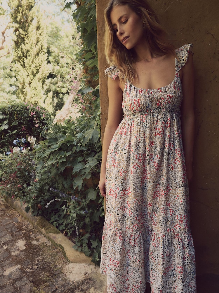 Laura Ashley Multi Clarissa Ditsy Floral Print Broderie Midaxi Dress - Image 3 of 12