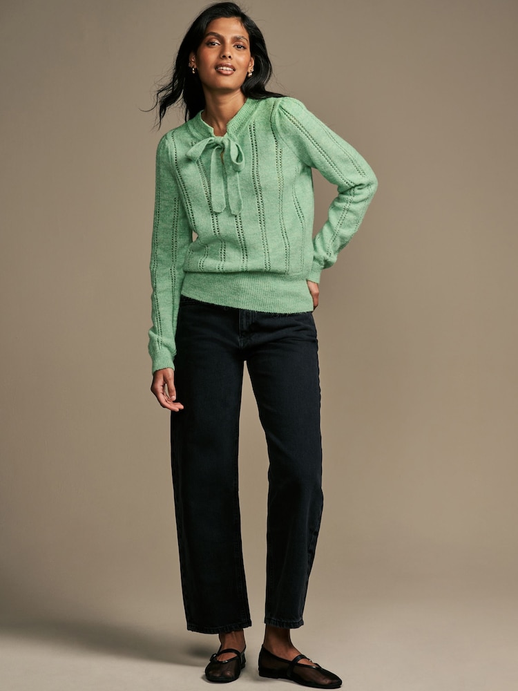 Laura Ashley Green Pointelle Tie Neck Reversible Jumper - Image 2 of 4