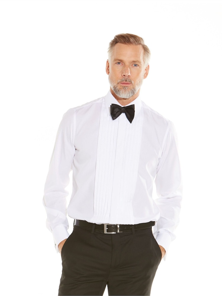 Savile Row Company Slim Fit 100% Cotton Poplin Pleated Double Cuff Tuxedo White Shirt - Image 1 of 6