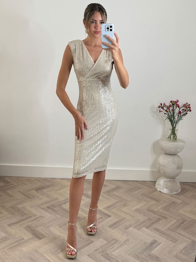 Jolie Moi Natural Bennett Sequin Bodycon Midi Dress - Image 1 of 5
