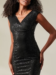 Jolie Moi Black Qaya Sequin V-Neck Shift Dress - Image 3 of 6
