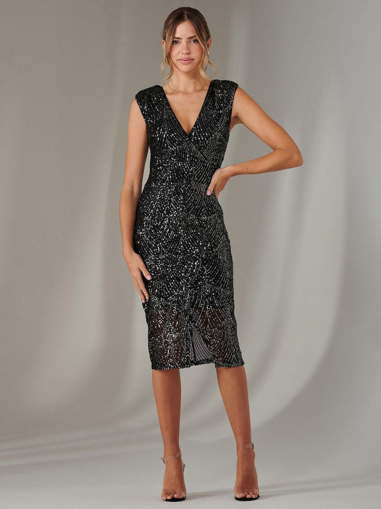 Jolie Moi Black Demi Sequin Wrap Slit Bodycon Dress - Image 1 of 6