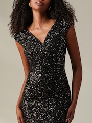 Jolie Moi Black Wrap Bodice Sequin Midi Dress - Image 3 of 6