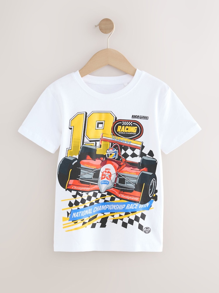 White Racing Car Regular Fit Short Sleeve Graphic 100% Cotton T-Shirt (3-16yrs) - Image 1 of 4