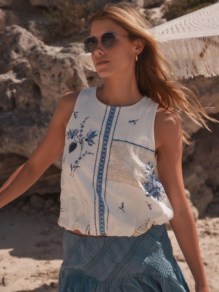 Blue/Ecru 100% Cotton Sleeveless Bubble Hem Top - Image 1 of 7
