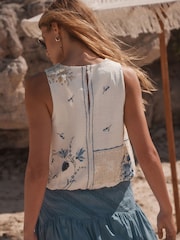 Blue/Ecru 100% Cotton Sleeveless Bubble Hem Top - Image 3 of 7