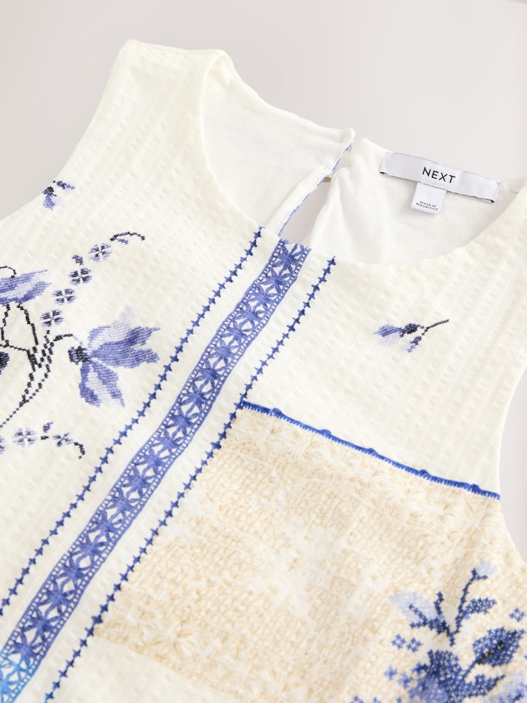 Blue/Ecru 100% Cotton Sleeveless Bubble Hem Top - Image 7 of 7