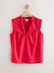 Red Woven Mix V-Neck Embroidered Frill Sleevless Top - Image 1 of 3