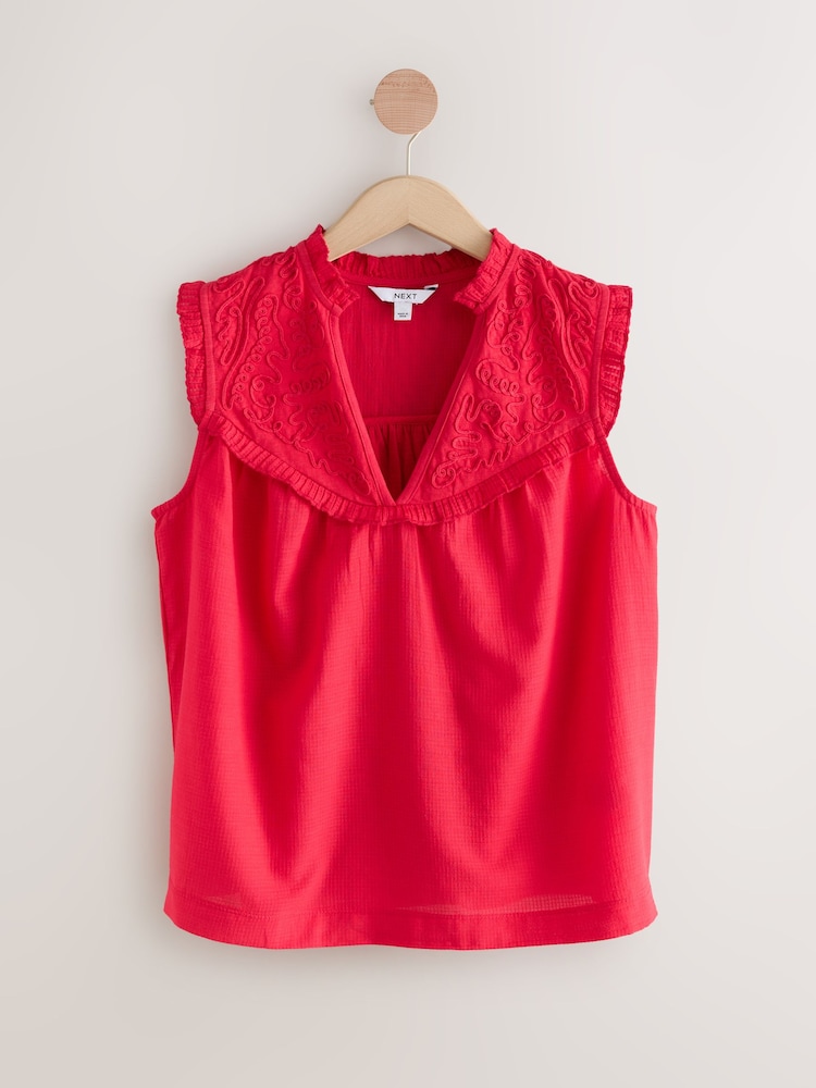 Red Woven Mix V-Neck Embroidered Frill Sleevless Top - Image 1 of 3