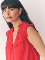 Red Woven Mix V-Neck Embroidered Frill Sleevless Top - Image 4 of 7