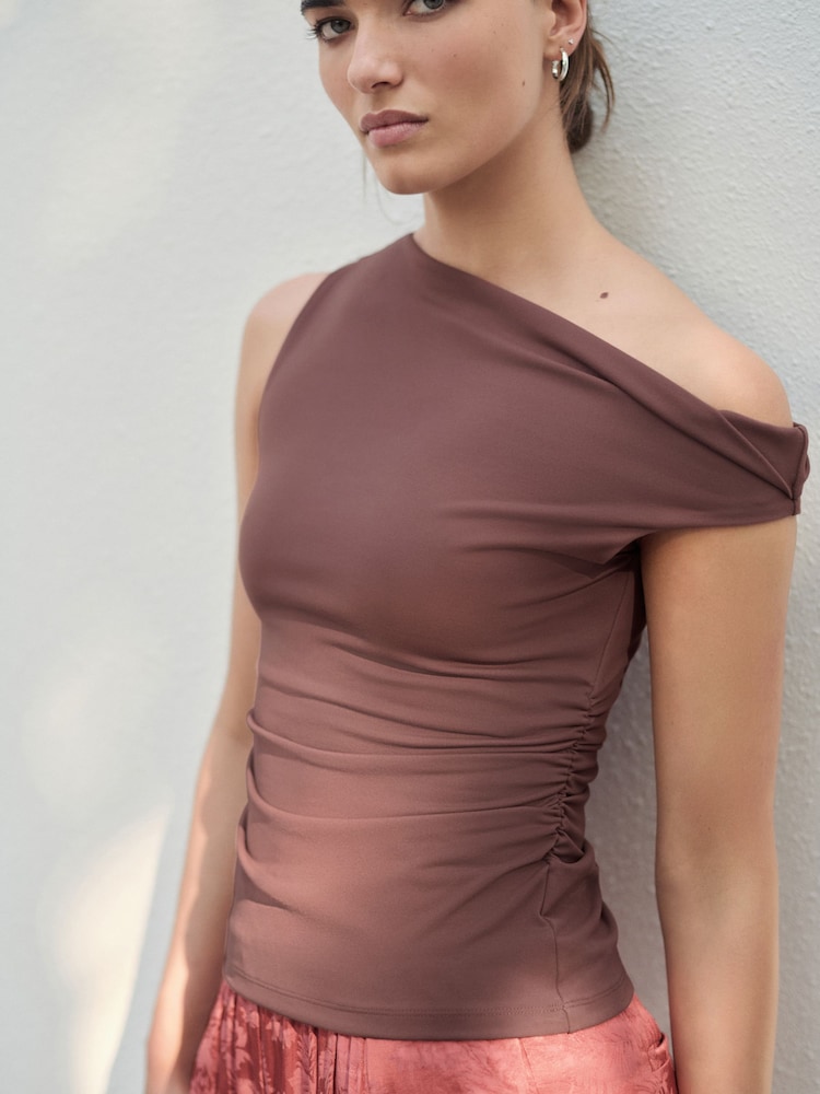 Brown Aysmmetric Shoulder Sleevless Top - Image 1 of 7
